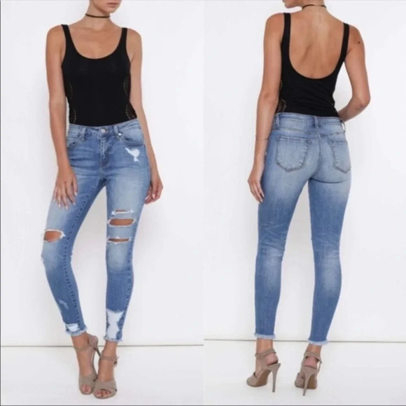 KanCan Distressed Skinny Jeans | Mid-Rise Stretch Denim | Light Wash - Picture 1 of 2